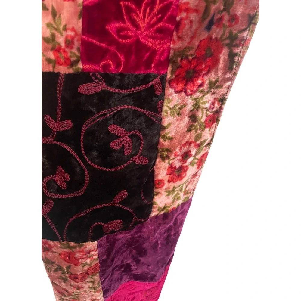 Vintage Whimsigoth Patchwork Velvet & Embroidered Scarf with Fringe Trim